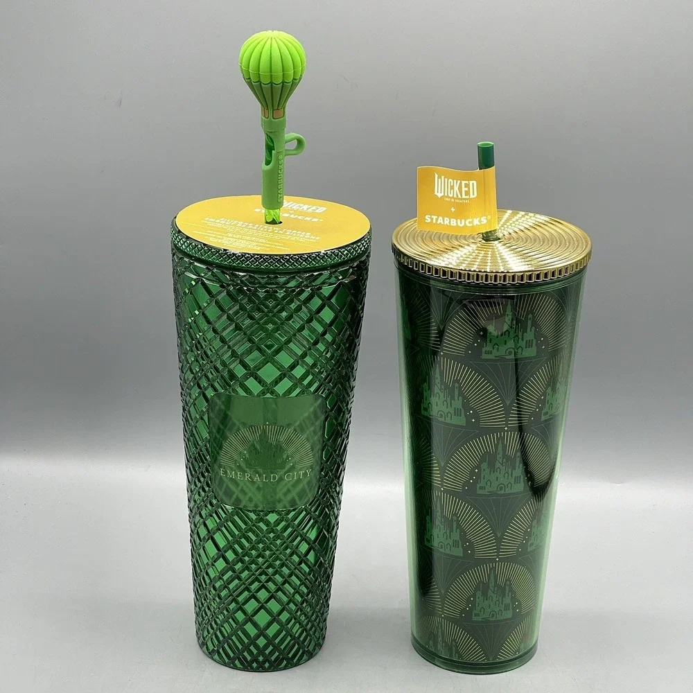 Starbucks Wicked Tumbler 24oz Emerald City Balloon‎ Straw Topper Green Set of 2
